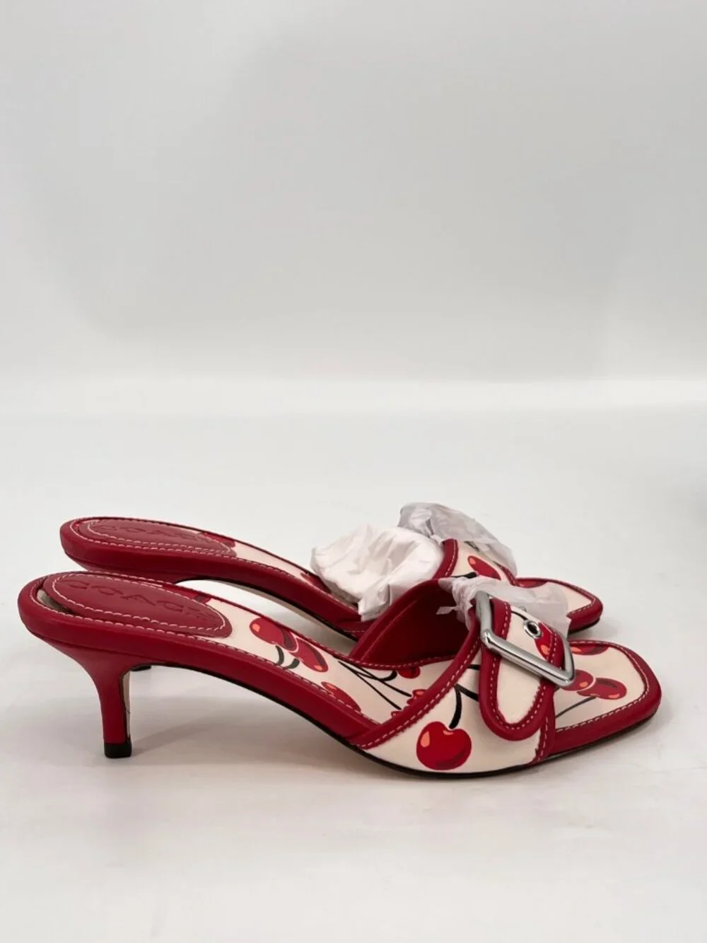 COACH Margot Sandal Red Cherry Print Leather Buckle Strap Kitten Size 6 - Picture 5 of 16